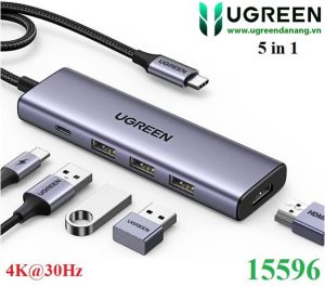Hub chuyển đổi USB Type-C 5 trong 1 ra HDMI 4K@30Hz, USB 3.0 x 3, Sạc PD 100W Ugreen 15596 cao cấp