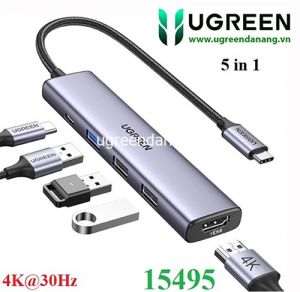 Hub USB Type-C 5 trong 1 ra HDMI 4K@30Hz, USB 2.0, USB 3.0, Sạc PD 100W Ugreen 15495 cao cấp