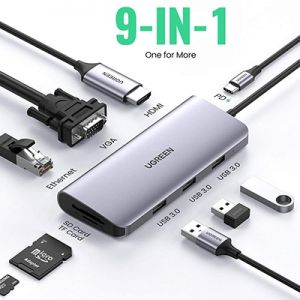 Bộ chuyển USB C to HDMI + VGA + USB 3.0 + LAN 1Gbps + Card Reader đa năng Ugreen 40873 (9 in 1)