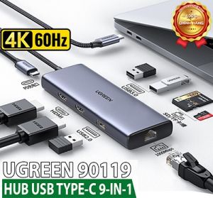 Bộ chuyển USB C 9 trong 1 Ugreen 90119, hỗ trợ xuất 2 cổng HDMI + USB + LAN Gigabit + PD 60W + SD/ TF chính hãng