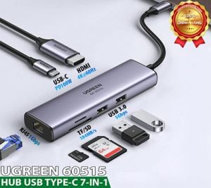 Bộ chuyển USB C 7 trong 1 Ugreen 60515, hỗ trợ HDMI 4K@60Hz + USB + LAN Gigabit + SD/ TF + PD100W