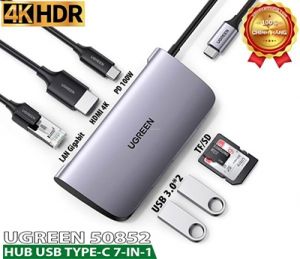 Bộ chuyển USB C 7 trong 1 Ugreen 50852, HDMI 4K + USB 3.0 + LAN 1Gbps + TF/SD + PD 100W cao cấp chính hãng