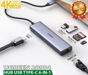 Bộ chuyển USB C 6 trong 1 Ugreen 20954, hỗ trợ HDMI 4K@60Hz + USB + LAN Gigabit + SD/ TF chính hãng