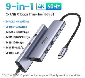 Bộ chuyển USB Type-C ra 2*USB Type-C + RJ45 + HDMI 4K60HZ + PD + SD + TF + 2*USB3.0 Ugreen 15375