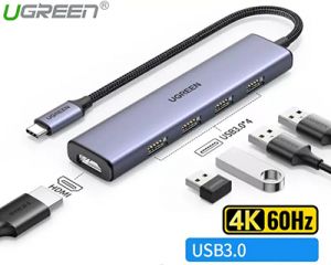 Bộ chuyển đổi USB Type-C (5 trong 1) ra 4 cổng USB 3.0 + HDMI hỗ trợ độ phân giải 4K@30Hz – Tốc độ truyền dữ liệu 5Gpbs, tương thích với Macbook M1, imac,… Ugreen 20955