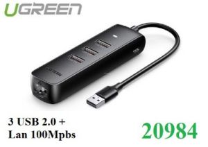 Hub chia USB 2.0 ra 3 cổng USB 2.0 + Lan 100Mbps Ugreen 20984 cao cấp (hỗ trợ nguồn USB Type-C)