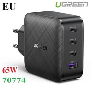 Củ sạc nhanh 65W GaN 4 cổng, 3 USB Type-C và 1 USB Type-A Hỗ trợ QC4+, PD3.0 Ugreen 70774 cao cấp EU