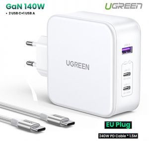 Củ sạc nhanh GaN Nexode 140W Ugreen 15339 CD289, 2xUSB-C 1xUSB-A, Kèm cáp USB-C 1m5 240W