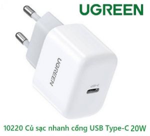 Củ sạc nhanh cổng USB Type-C 20W Màu Trắng Ugreen CD241 10220 chân cắm chuẩn EU