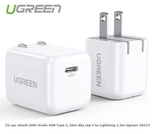 Củ sạc nhanh 20W chuẩn USB Type C, kèm dây cáp C to Lightning 1,5m Ugreen 30313