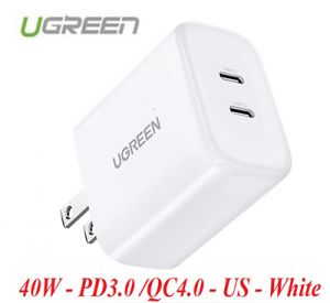 Bộ sạc nhanh 40w 2 cổng USB Type-C x2 Màu trắng có thể gập lại Ugreen 90299