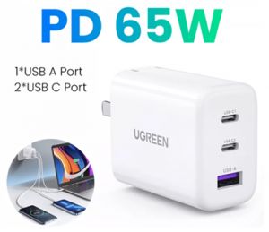 Bộ sạc nhanh 65W 2 cổng USB Type-C + USB-A PD3.0 QC4.0 Màu Trắng chuẩn cắm US Ugreen 94095