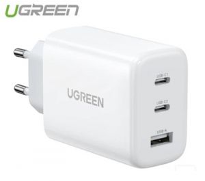 Bộ sạc nhanh  65W  gồm 2 cổng USB Type-C + USB-A chuẩn cắm EU Màu Trắng Ugreen 90496