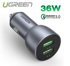 Củ Sạc xe chuẩn quick charge 3.0 QC3.0 36W 2 cổng màu bạc Ugreen 10144 CD213 Hàng chính hãng