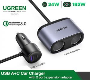 Sạc xe hơi cổng USB + USB-C + mở rộng tẩu ôtô 2 port 3.4A Màu Xám Ugreen 30886 CD252 Hàng chính hãng