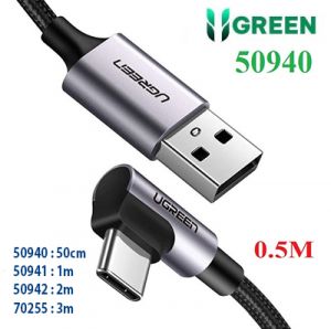 Cáp sạc, dữ liệu USB-A to USB Type-C bẻ góc 90 độ dài 0.5M Ugreen 50940 cao cấp