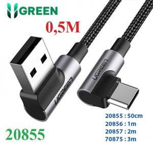 Cáp sạc nhanh 18W, dữ liệu USB-A to USB Type-C chuẩn 2.0 bẻ góc 90 độ đầu dài 0,5M Ugreen 20855