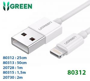 Cáp sạc, dữ liệu USB ra Lightning 0.25M có chíp MFI US155 20080312 Ugreen 80312 màu trắng chính hãng