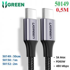 Cáp sạc nhanh 60W USB Type-C to Type-C dài 0,5M bọc nylon Ugreen 50149 cao cấp (dữ liệu)