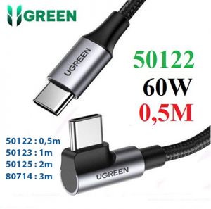 Cáp dữ liệu, sạc nhanh 60W Type-C to Type-C bẻ góc 90 độ dài 0,5M Ugreen 50122 cao cấp