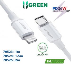 Cáp sạc, dữ liệu USB Type-C to Lightning dài 1M chuẩn MFI Apple, sạc nhanh Ugreen 70523