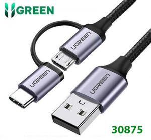 Cáp sạc, dữ liệu 2 in 1 USB A sang USB Micro + Type-C dài 1M Ugreen 30875 Sạc nhanh, bện dù, cao cấp