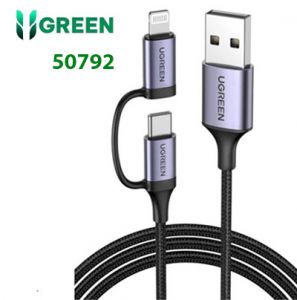 Cáp sạc, dữ liệu 2 in 1 USB A sang Lightning+Type-C 3A dài 1M Ugreen 50792 cao cấp (Đen bọc dù)