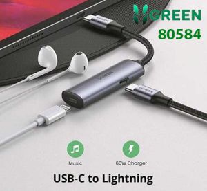 Cáp chuyển USB-C Male to USB-C Female+Lightning Female Alu Case with PD 60W (Xám không gian) Ugreen 80584