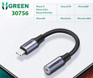 Cáp chuyển Lightning sang Jack Audio 3.5mm dài 10cm Ugreen 30756 cao cấp (bọc nhôm, bện dù)