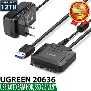 Cáp USB 3.0 to SATA HDD, SSD 3.5″/2.5″ Ugreen 20636 hỗ trợ 12TB, kèm nguồn 12V/2A Chính hãng cao cấp